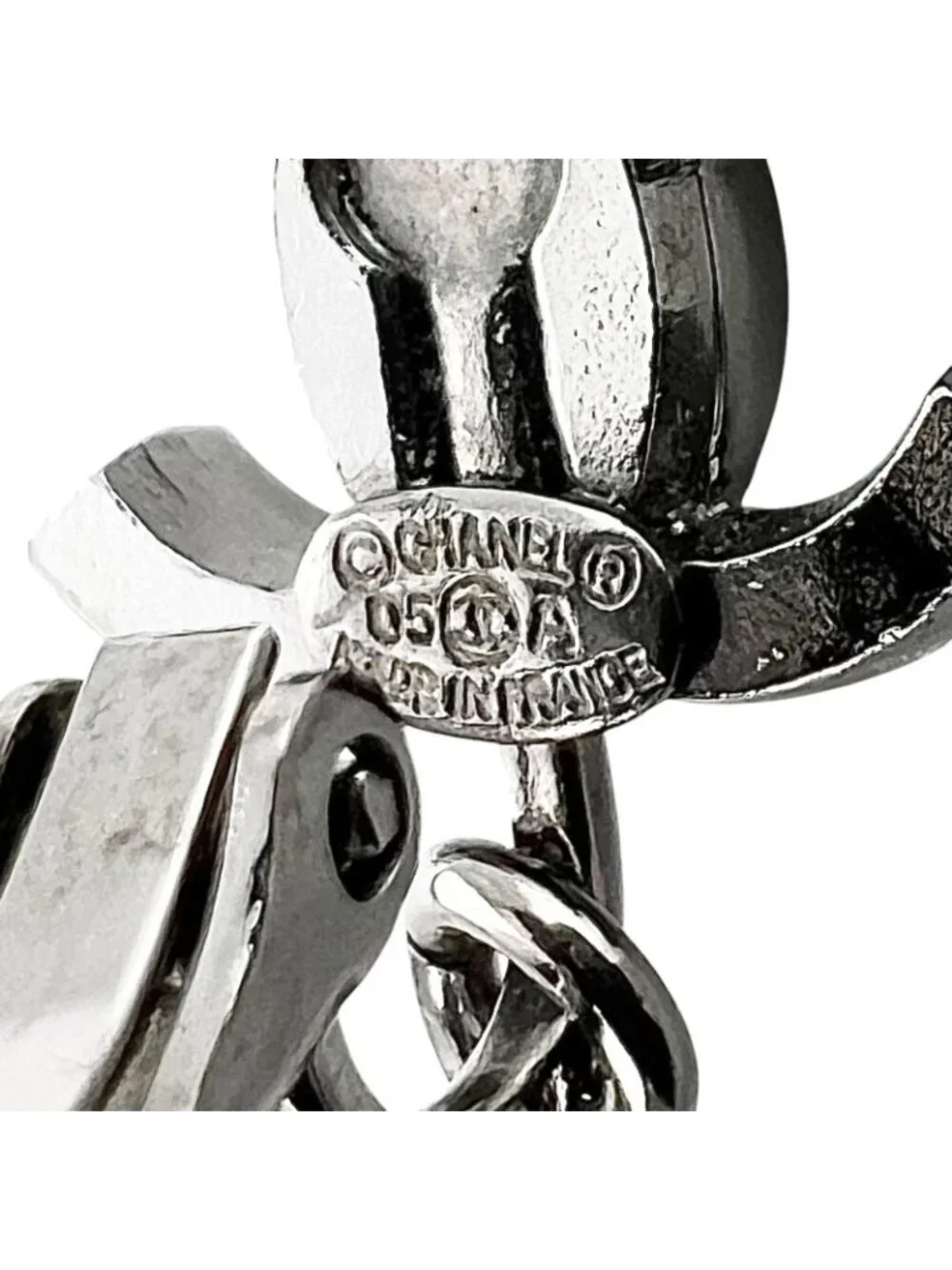 Chanel CC Logo Ribbon Motif Metal Faux Pearl Silver Earrings